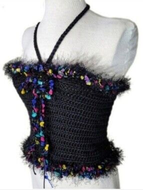 HAND CRAFTED Top Corsetted Cropped Crochet Black Size S